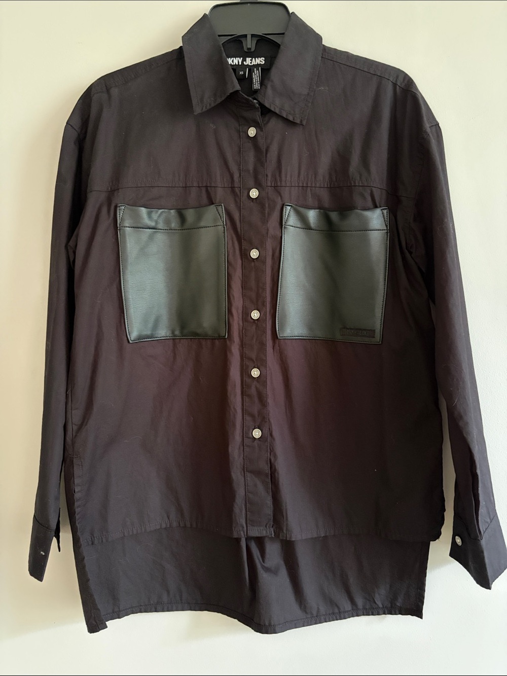 Dkny Black Long Sleeve Button Shirt with Faux Leather Chest Pockets